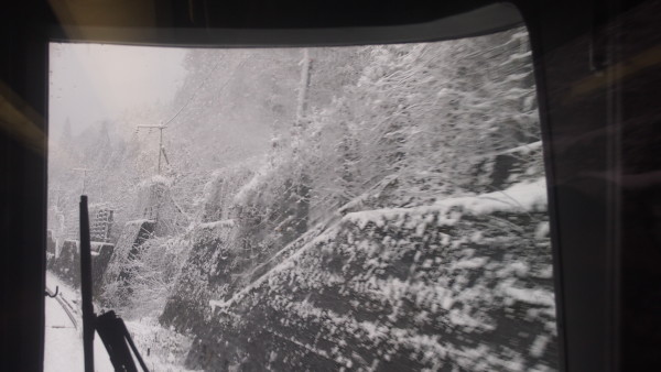 Winter small town view from train, Japan